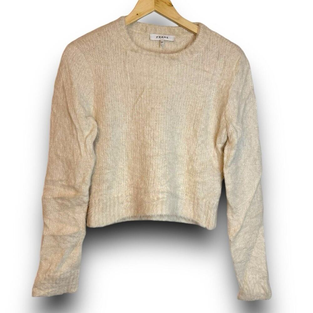 Frame Ribbed Alpaca Blend Fuzzy Sweater Cropped Small Off White Peru - Picture 2 of 6